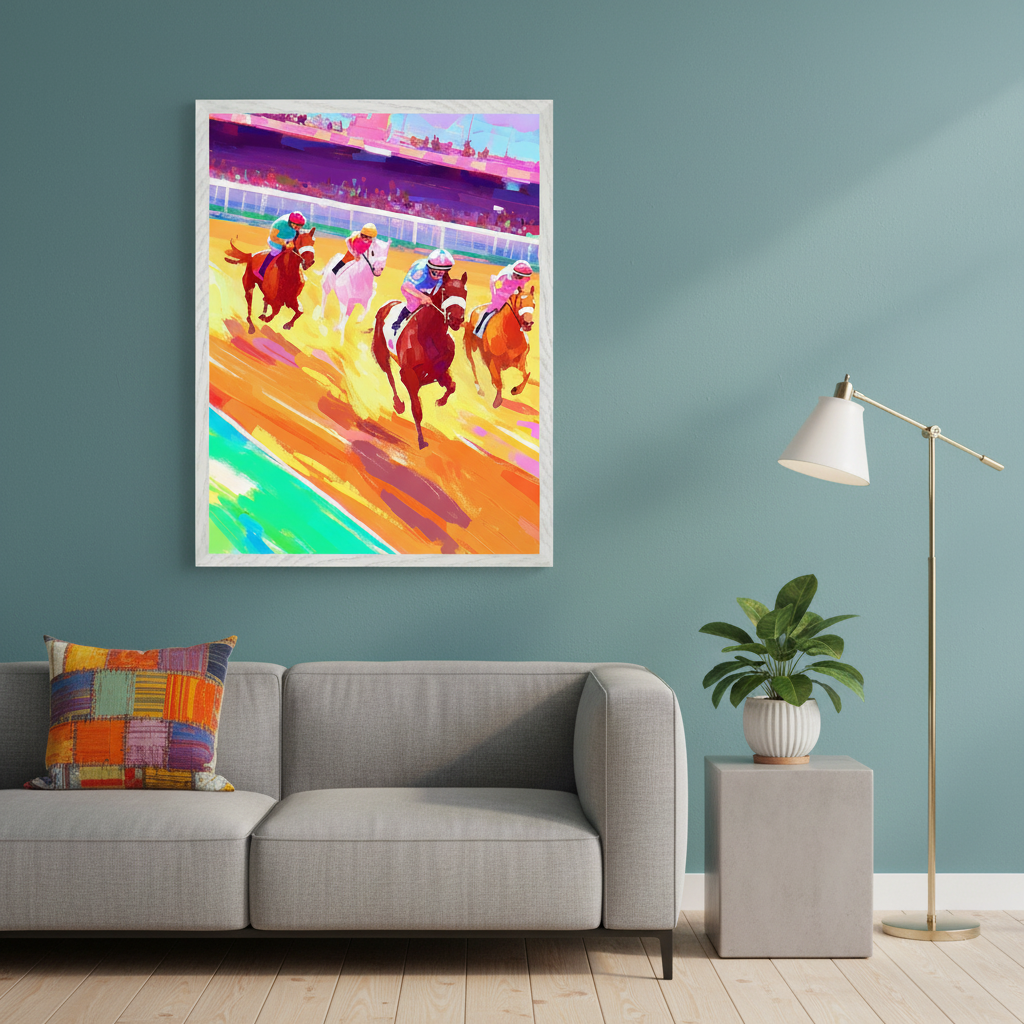 Modern living room with a gray sofa, concrete side table, and floor lamp. A large framed, vibrant impressionistic painting of a horse race with jockeys hangs above the left side of the sofa.