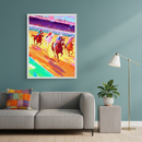 Modern living room with a gray sofa, concrete side table, and floor lamp. A large framed, vibrant impressionistic painting of a horse race with jockeys hangs above the left side of the sofa.