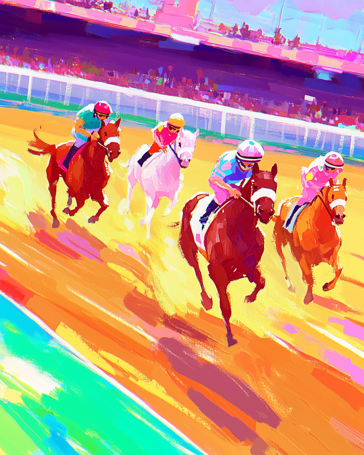 Four racehorses gallop energetically along a vibrant, colorful track, with jockeys clad in bright helmets and jerseys, under a clear blue sky and in front of a lively crowd.