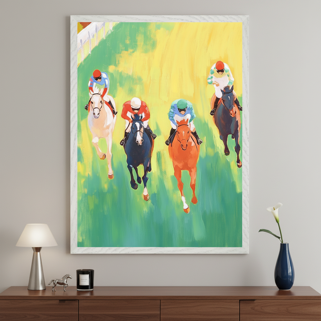 Modern living room with a large framed painting of five jockeys on horses racing on a green and yellow track, viewed from above, centered over a wooden console table.