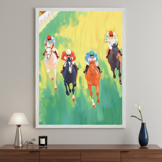 Modern living room with a large framed painting of five jockeys on horses racing on a green and yellow track, viewed from above, centered over a wooden console table.