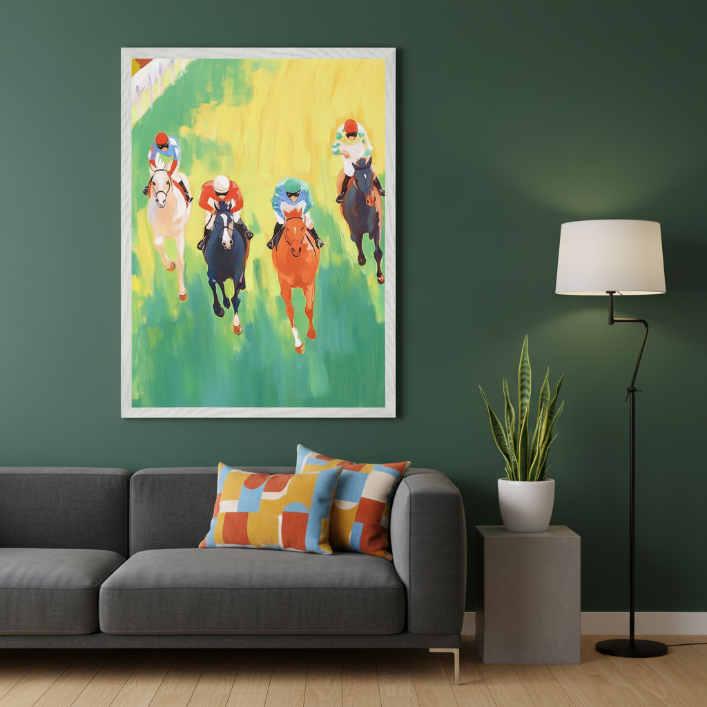 Modern living room with a gray sectional sofa. A large framed, vibrant painting of five jockeys racing horses on a green and yellow track hangs above the left sofa section. A black floor lamp and a snake plant on a gray side table are to the right.