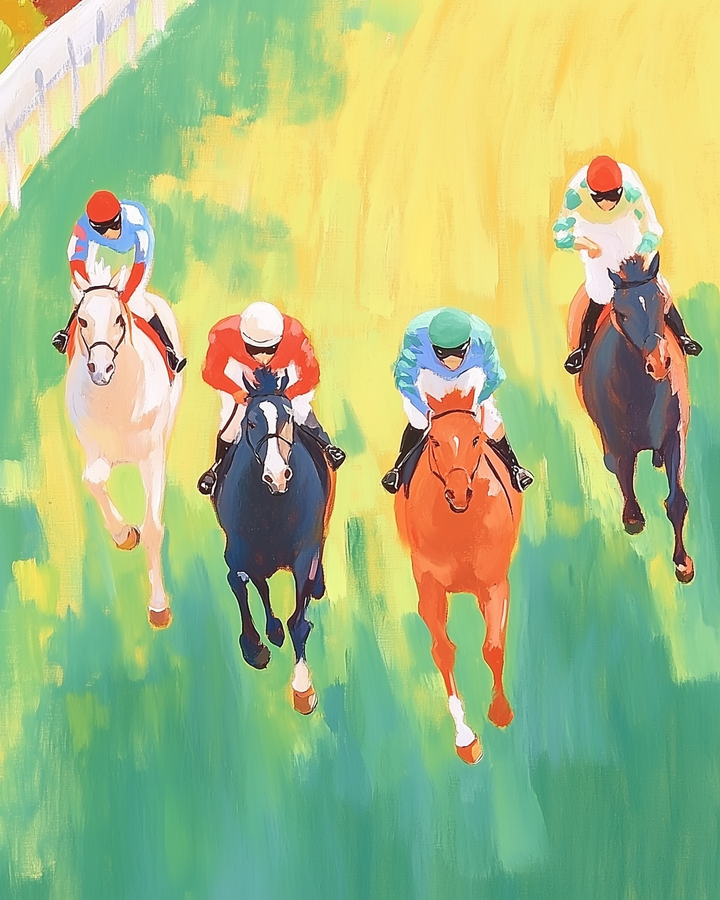 Four jockeys in colorful uniforms race their horses down a vibrant green and yellow track, each horse displaying a unique coat color, with a white fence lining the left side.