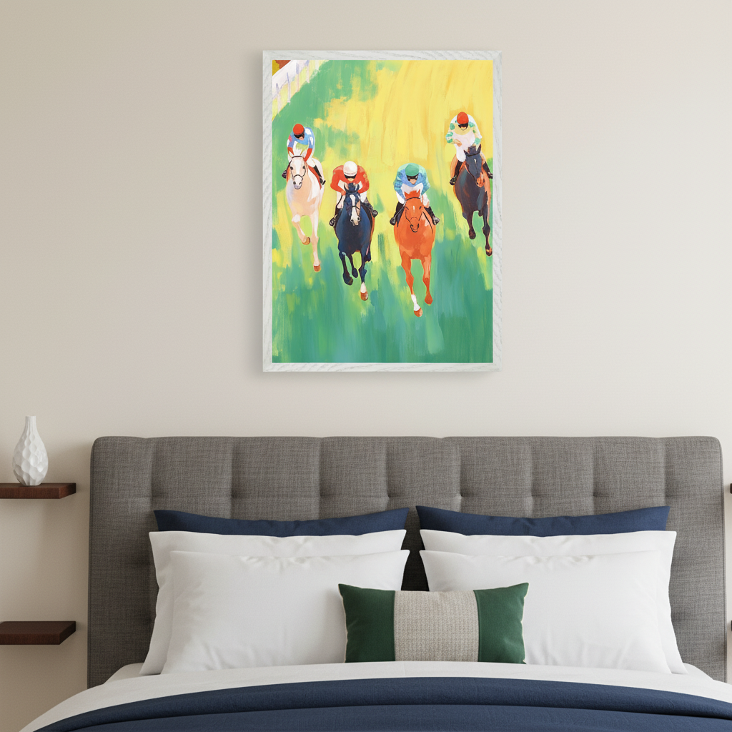 Modern bedroom with a gray upholstered bed. A framed painting of a horse race with five jockeys and horses, viewed from above in an impressionistic style with vibrant colors, hangs above the bed, slightly off-center to the right.