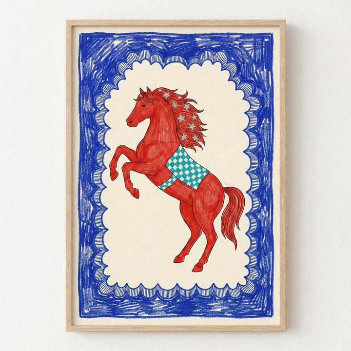 Whimsical illustration of a red horse rearing up with star details in its mane and a blue geometric-patterned saddle, framed by a bold hand-drawn blue border.