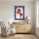 Framed artwork of a stylized red horse with star and geometric accents, adding a playful, equestrian-themed touch to a light-filled nursery with neutral decor.