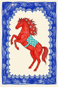 Whimsical illustration of a red horse rearing up with star details in its mane and a blue geometric-patterned saddle, framed by a bold hand-drawn blue border.
