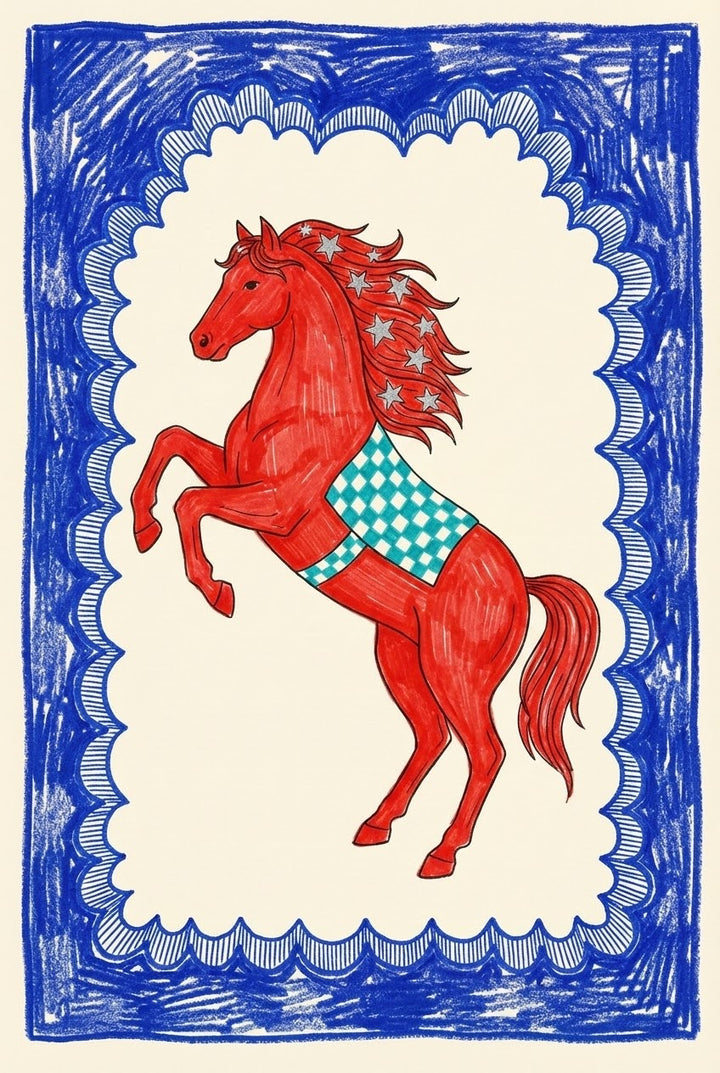 Whimsical illustration of a red horse rearing up with star details in its mane and a blue geometric-patterned saddle, framed by a bold hand-drawn blue border.