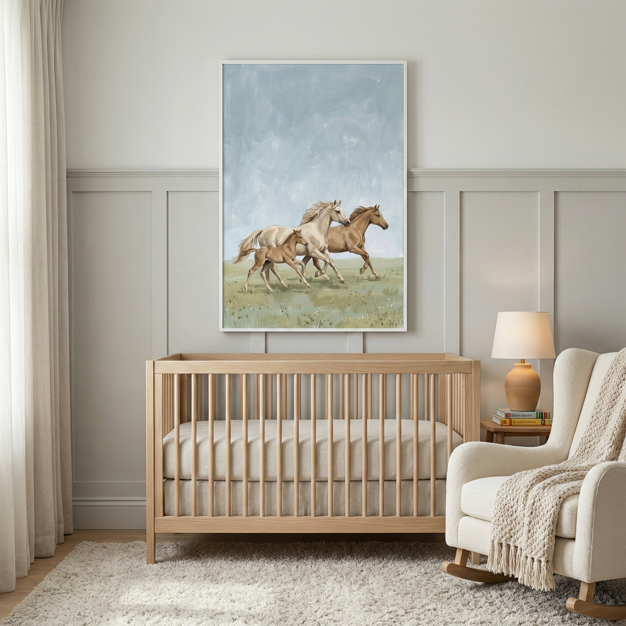 A serene and neutral-toned nursery featuring a light wood crib positioned against a wall with light gray wainscoting. Above the crib hangs a large vertical framed artwork showing three horses running through a grassy field under a pale blue sky. To the right of the crib, a cream-colored upholstered rocking chair is accented with a chunky knit throw blanket. A small wooden side table next to the chair holds a simple ceramic lamp with a warm glow and a stack of books. 
