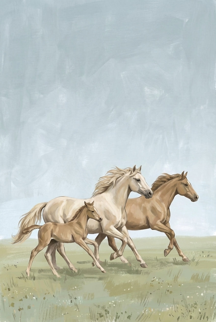 Two adult horses and a foal gallop across a pale green meadow, their movement full of energy against a breezy backdrop.
