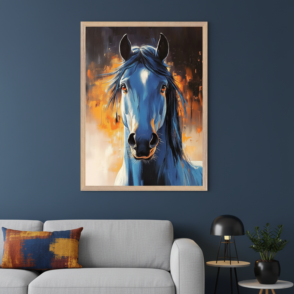 Modern living room with a grey sofa and a patterned pillow. A large framed expressive painting of a blue horse with a fiery, abstract background hangs on a dark blue wall above the sofa. A black table lamp and a potted plant are on side tables to the right.