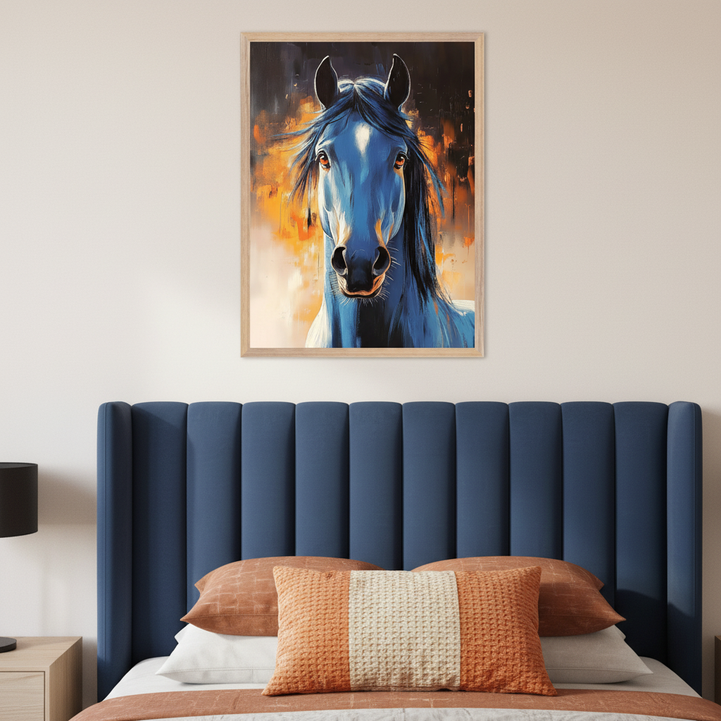 Modern bedroom with a blue upholstered bed. A framed painting of a blue horse's head with an expressive orange and dark background hangs centered above the bed.