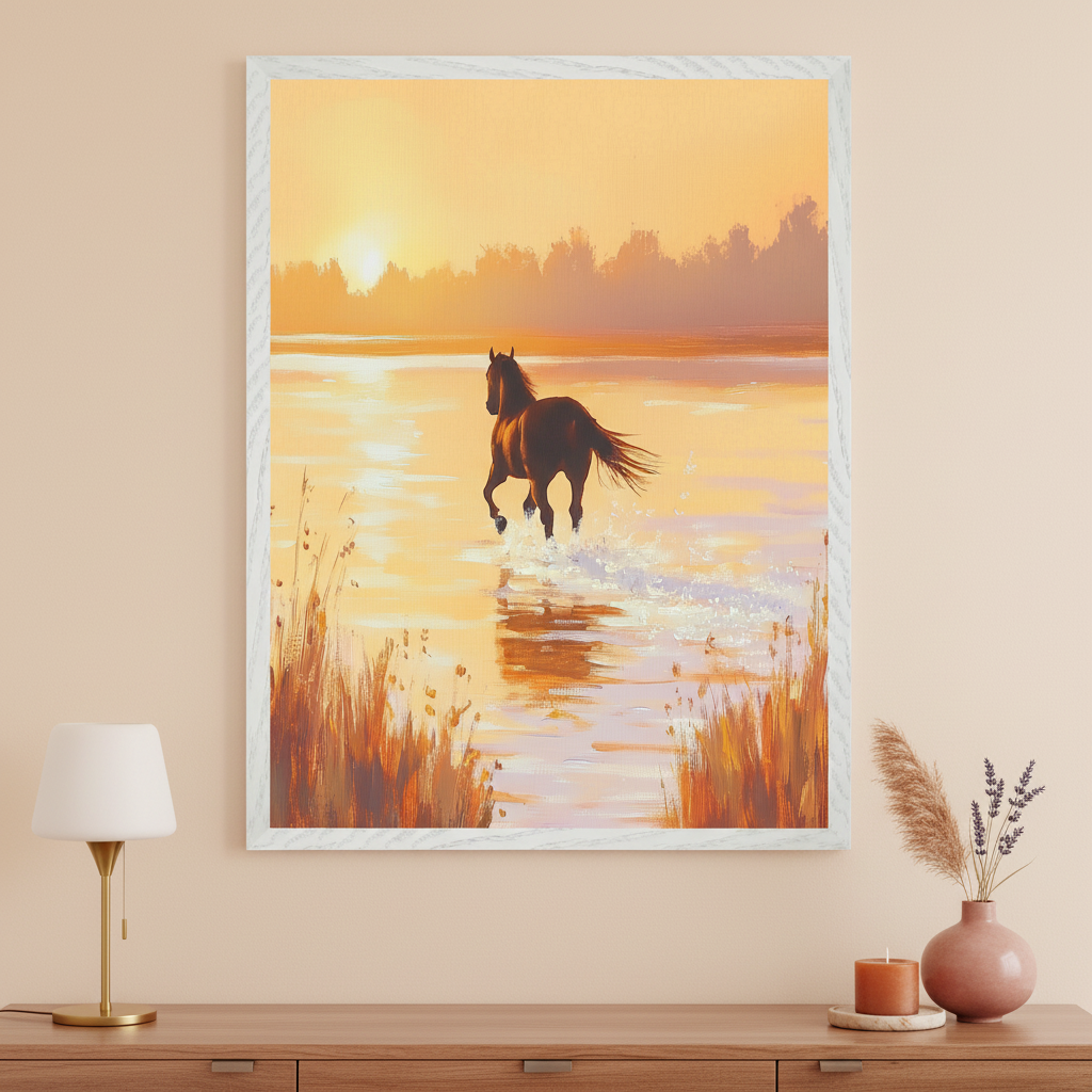 Modern living room with a wooden dresser. A large framed painterly artwork of a horse running in water at sunset hangs above the dresser. A lamp, vase with dried flowers, and a candle are on the dresser.