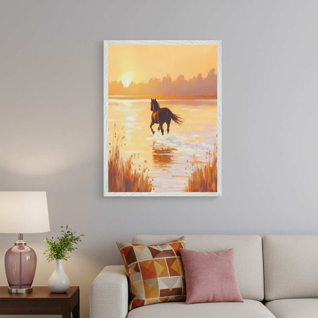 Living room with a light gray wall, a light beige sofa, and an end table with a lamp. A white framed painting of a brown horse running through golden water at sunset hangs above the sofa and table.