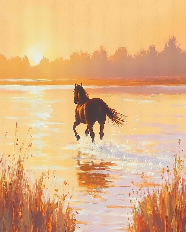 A horse walks through shallow water at sunrise, creating gentle splashes. The scene is bathed in warm, golden hues, with tall grasses framing the foreground and a serene landscape in the background.