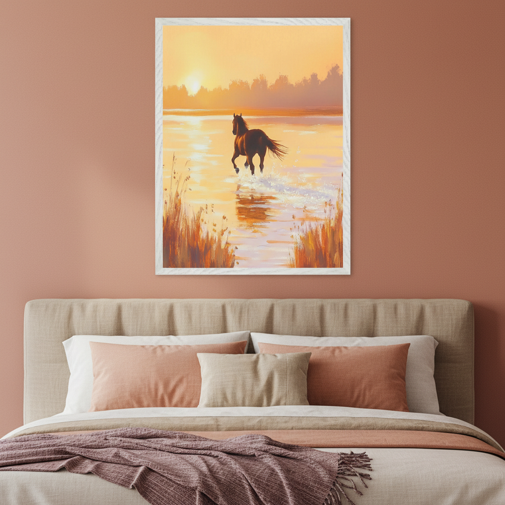 Modern bedroom with a beige upholstered bed, peach and tan pillows, and a plum blanket. A large framed painting hangs centered above the bed, showing a horse running through shallow water at sunset, with tall reeds, in a painterly style.