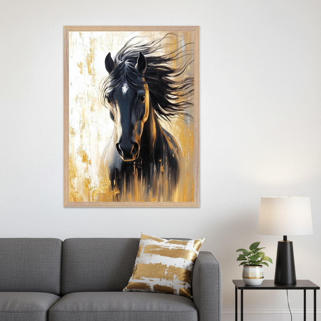 Modern living room with a gray sofa and a gold-striped pillow. Above the sofa hangs a large framed print of a black horse with a flowing mane, set against an abstract white and gold painterly background. A black side table with a lamp and plant is to the right.