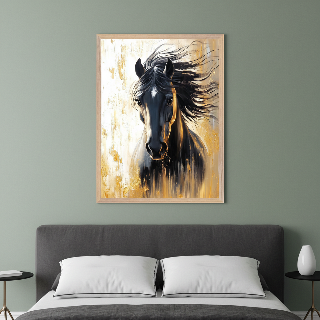 Modern bedroom with a dark gray bed. A framed painting of a black horse with a flowing mane on a gold and white abstract background, in a textured brushstroke style, hangs centered above the bed.