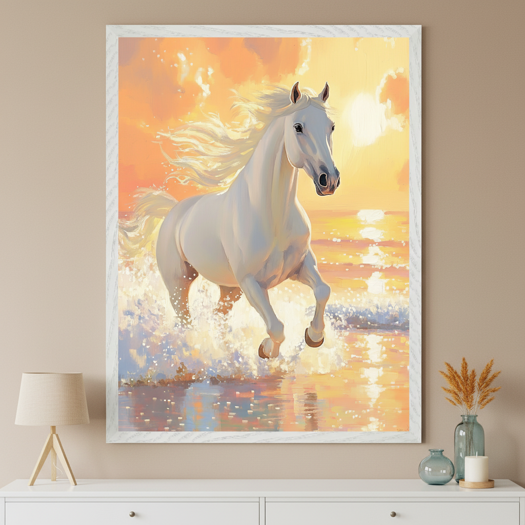 Modern room with a white dresser. A large framed painting of a white horse galloping through shallow ocean water at sunset, creating splashes, hangs centered above the dresser. The sky is orange and yellow.