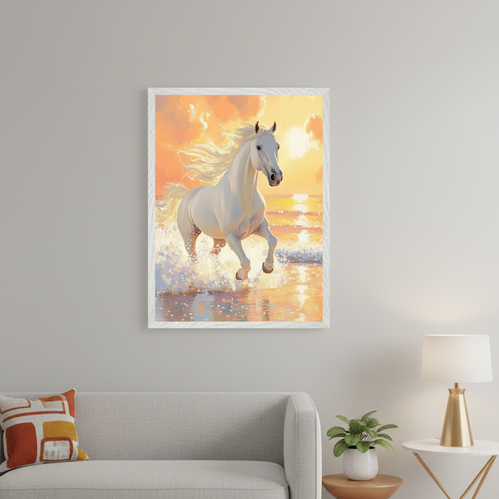 Modern living room with a light gray sofa and a large framed print of a white horse running in shallow water at sunset, centered on the wall above the sofa. A side table with a lamp and plant is to the right.