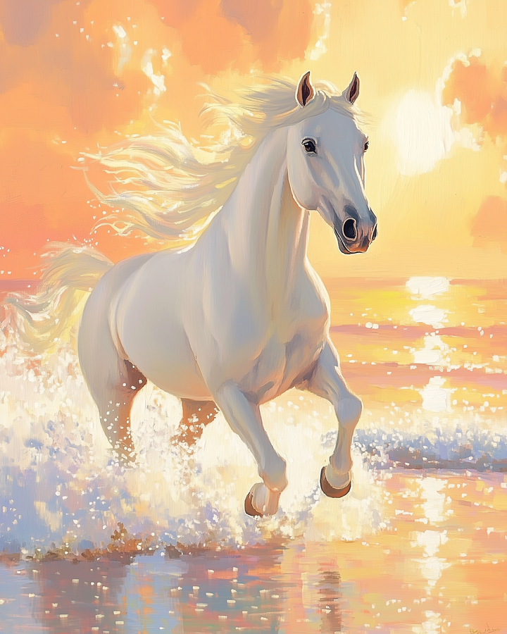 A majestic white horse gallops through splashing water, framed by a vibrant sunset sky with warm oranges and yellows, creating a dynamic and lively scene.