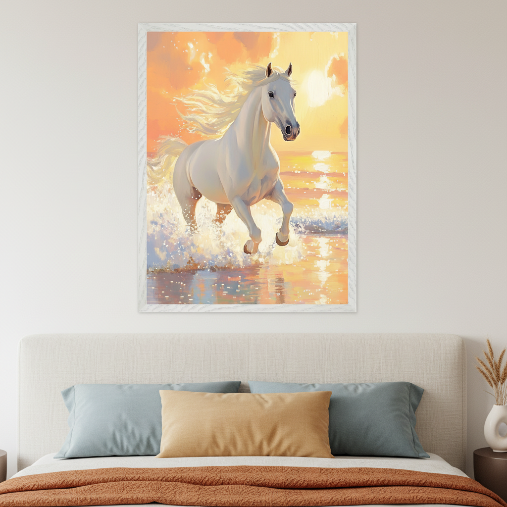 Modern bedroom with a bed featuring a fabric headboard. A large framed painting of a white horse running in shallow water at sunset, in a painterly style, hangs centered above the bed.