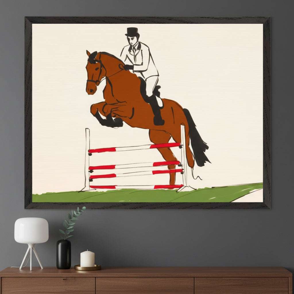 Modern room with a wooden dresser. A large framed minimalist drawing of a brown horse and rider jumping a red and white hurdle hangs centered above the dresser. A white lamp, black vase, and candle are on the dresser.
