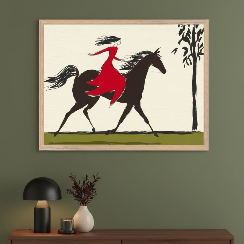 Modern room with a dark wood dresser. A large framed print, featuring a stylized woman in a red dress riding a dark horse galloping on green ground next to a tree, hangs centered above the dresser.