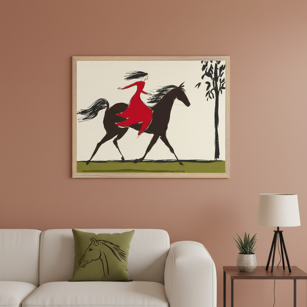 Modern living room with a white sectional sofa and a dark brown cushion. Above the sofa hangs a framed minimalist illustration of a woman in a red dress riding a dark horse, with a tree on the right. A black floor lamp and side table with a plant are to the right.