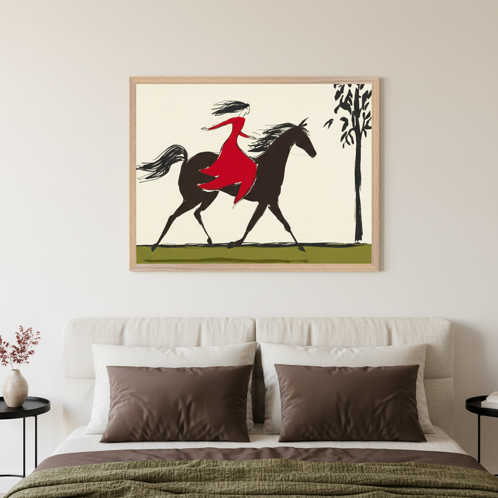 Modern bedroom with a bed and a cream headboard. A large framed art print of a stylized illustration featuring a woman in a red dress riding a dark horse across a green field with a tree hangs centrally above the bed.