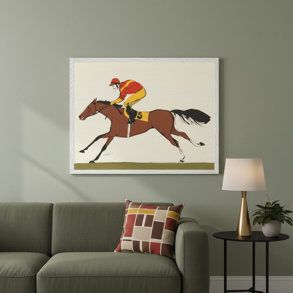 Modern living room with a green sofa. A large framed print of a jockey on a racing horse in a graphic style hangs centered above the sofa. A side table with a lamp and plant is to the right.