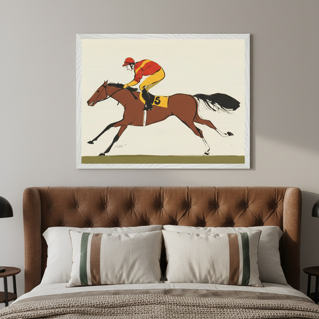 Modern bedroom with a brown tufted headboard bed. A large framed illustration of a racehorse with a jockey in red and yellow silks, number 5, galloping, hangs centered above the bed.