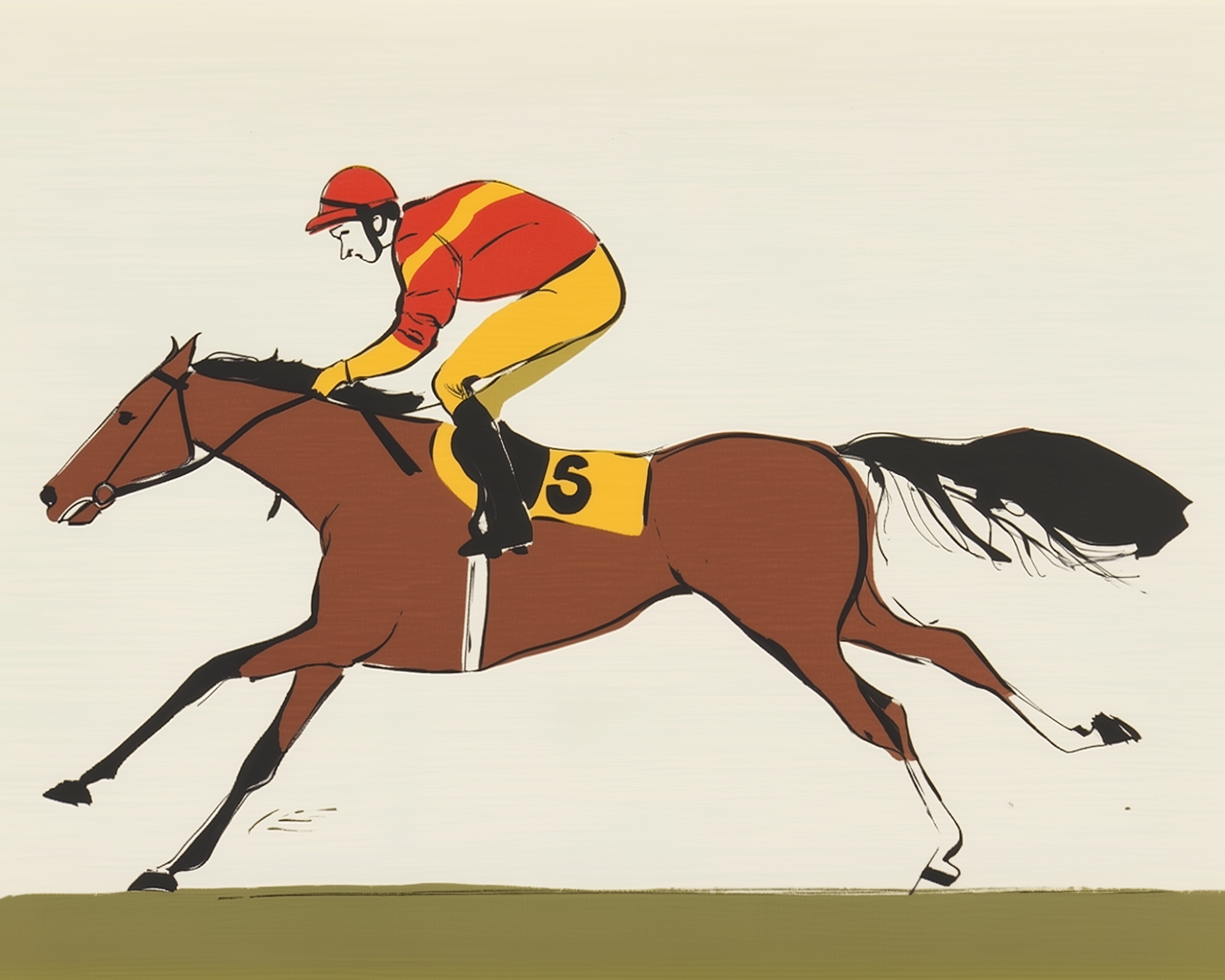 Simplified illustration of a jockey in red and yellow silks riding a brown racehorse with a number five saddlecloth, both in mid-gallop.