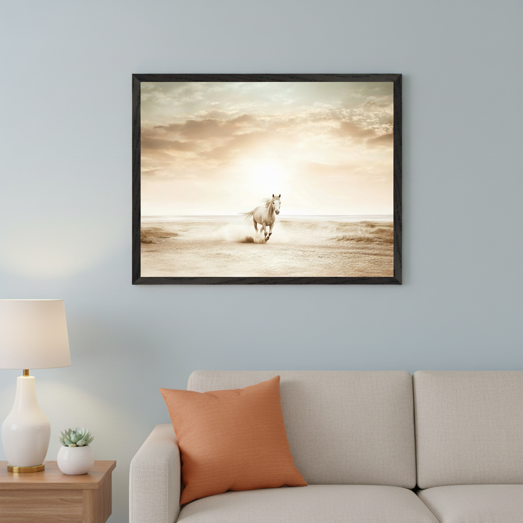 Light blue living room with a beige sofa. A large framed print of a white horse running on a sandy landscape under a bright, cloudy sky hangs above the sofa.