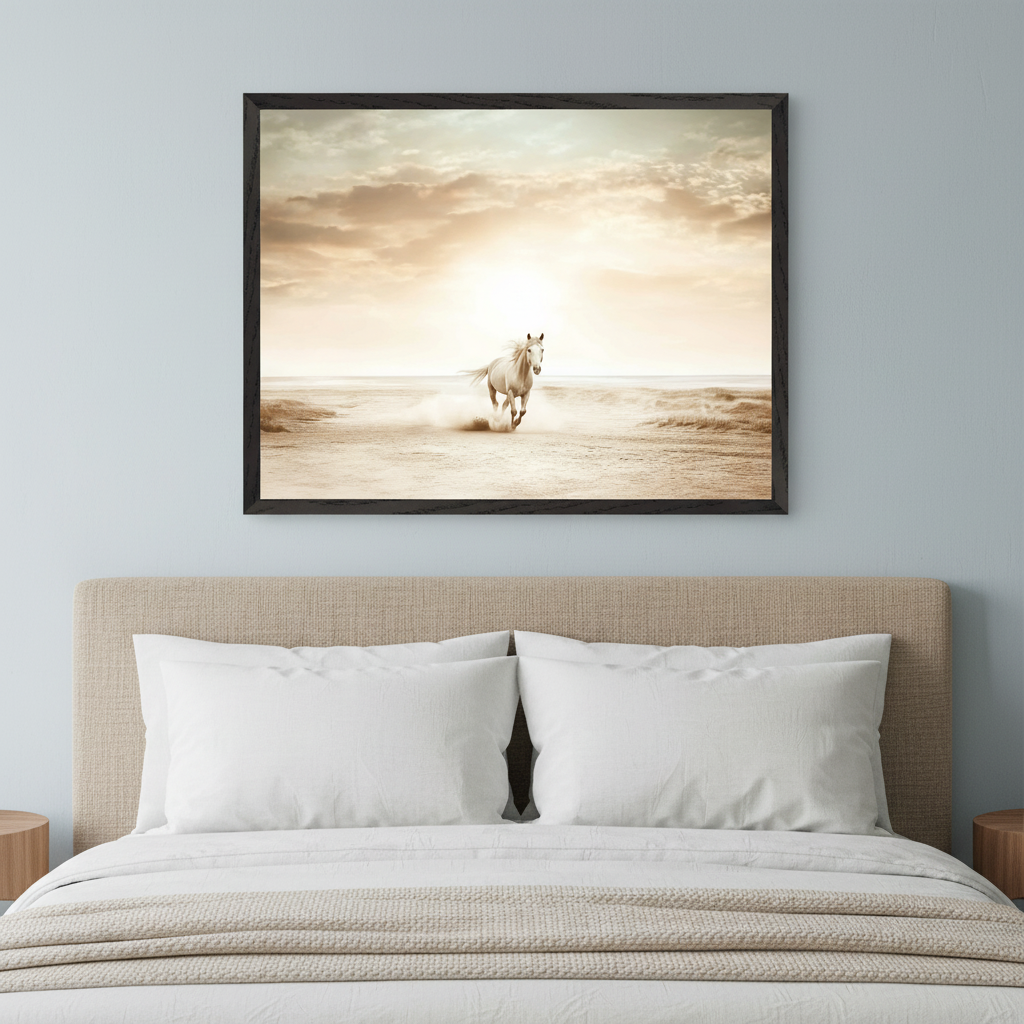 Modern bedroom with a light brown upholstered headboard and bed. A large, dark-framed print of a white horse running on a sandy beach at sunset, with a sepia-toned palette, hangs centered above the bed.