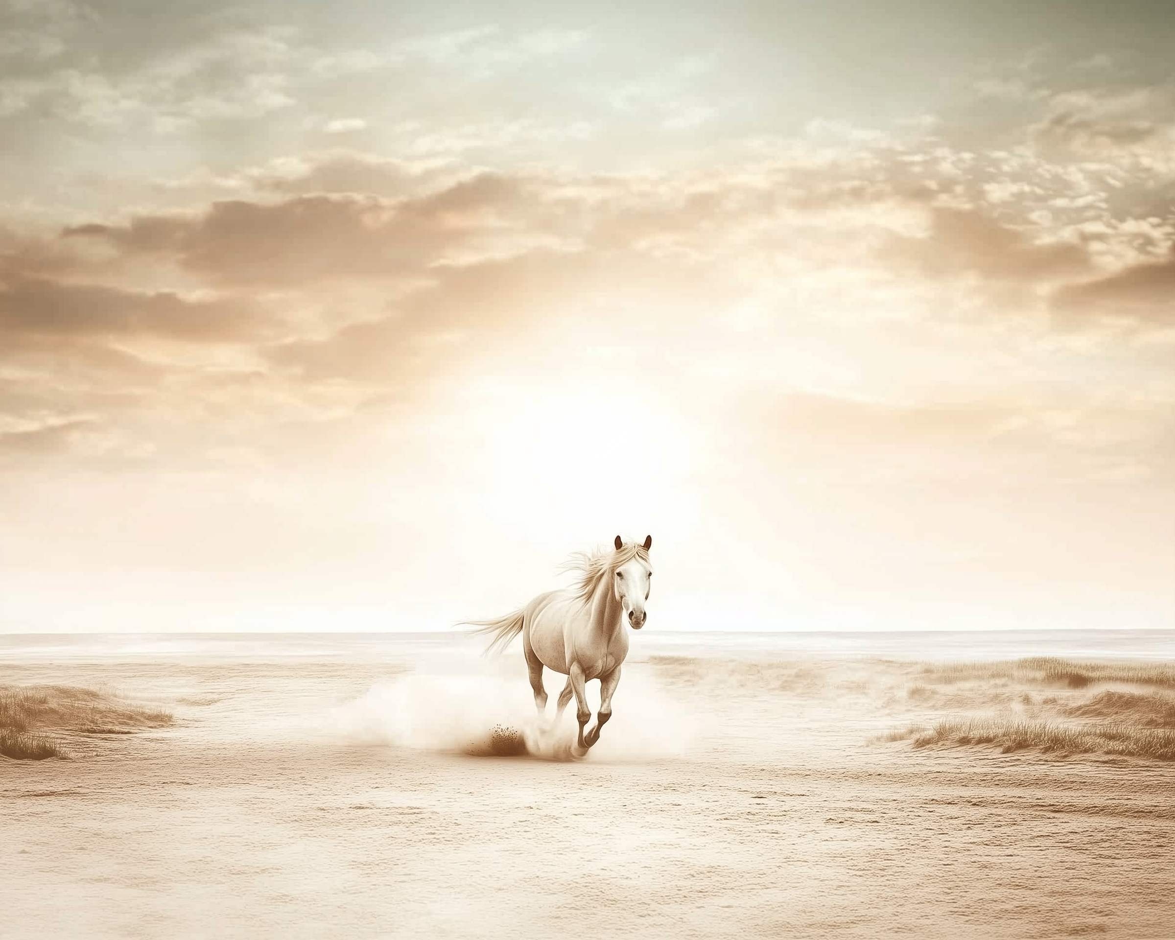 A white horse gallops across an open dusty plain at sunset, its mane flowing and dust flying up behind as the golden sky glows. A dynamic scene that catches children’s imagination and adult appreciation for freedom and nature.

