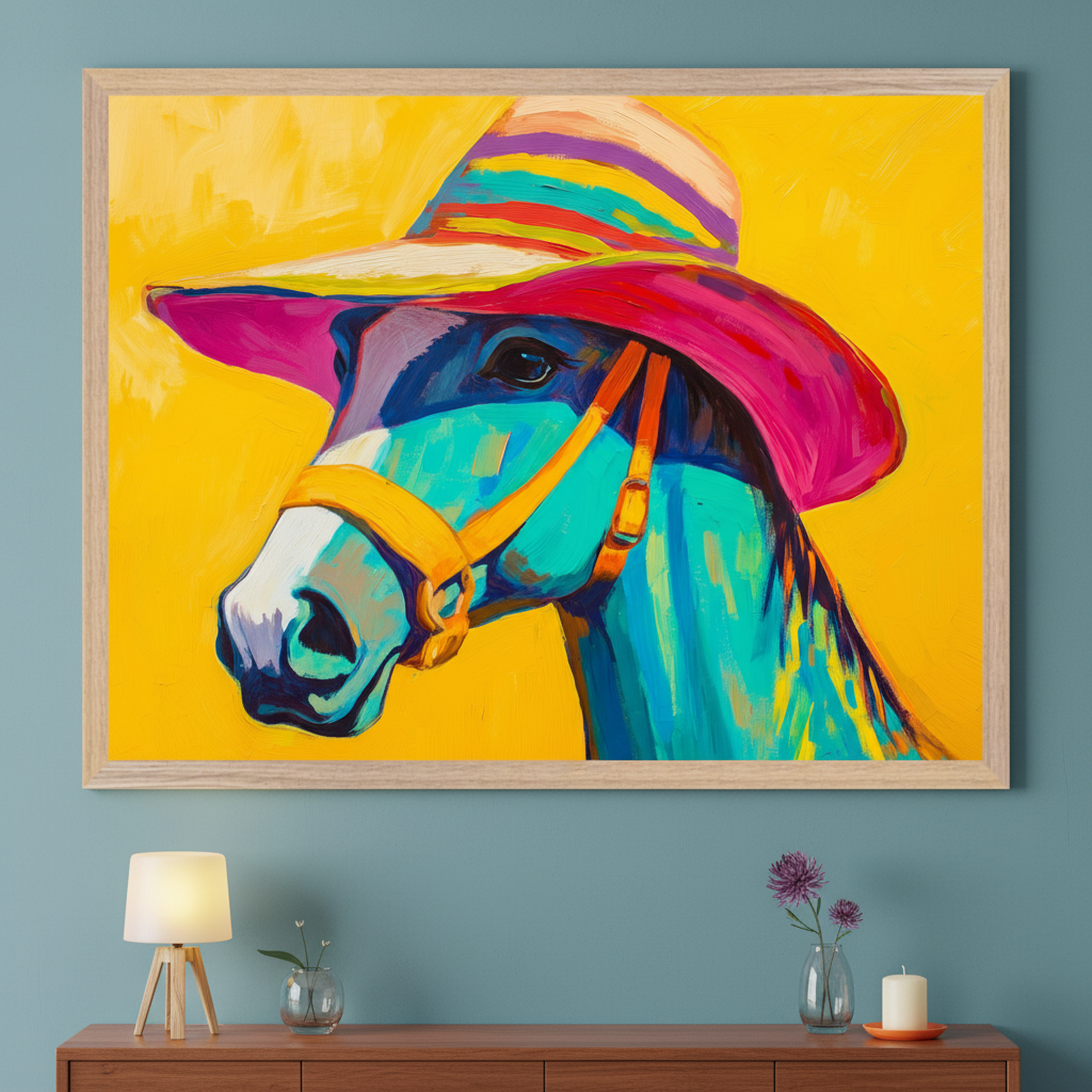 Modern room with a wooden credenza. A large framed, vibrant painting of a blue horse wearing a colorful striped hat hangs centered above. The artwork is in an expressionistic style on a yellow background.