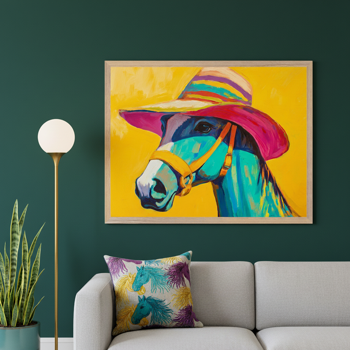 Modern living room with dark green walls and a gray sofa. Above the sofa hangs a large framed, colorful, impressionistic painting of a horse wearing a striped hat on a yellow background. A floor lamp and plant are to the left.