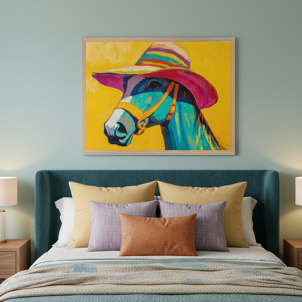 Bedroom with a teal upholstered bed, wooden nightstands, and lamps. Above the bed hangs a large framed painting in a vibrant, pop art style, depicting a blue and teal horse wearing a multi-colored striped hat against a bright yellow background.