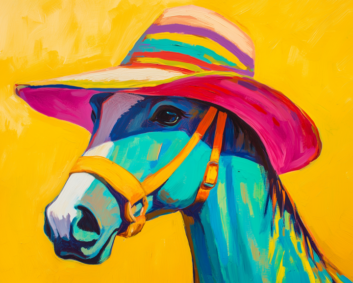 Whimsical painting of a bright blue horse wearing a colorful striped sunhat against a bold yellow background, blending pop art and western themes.
