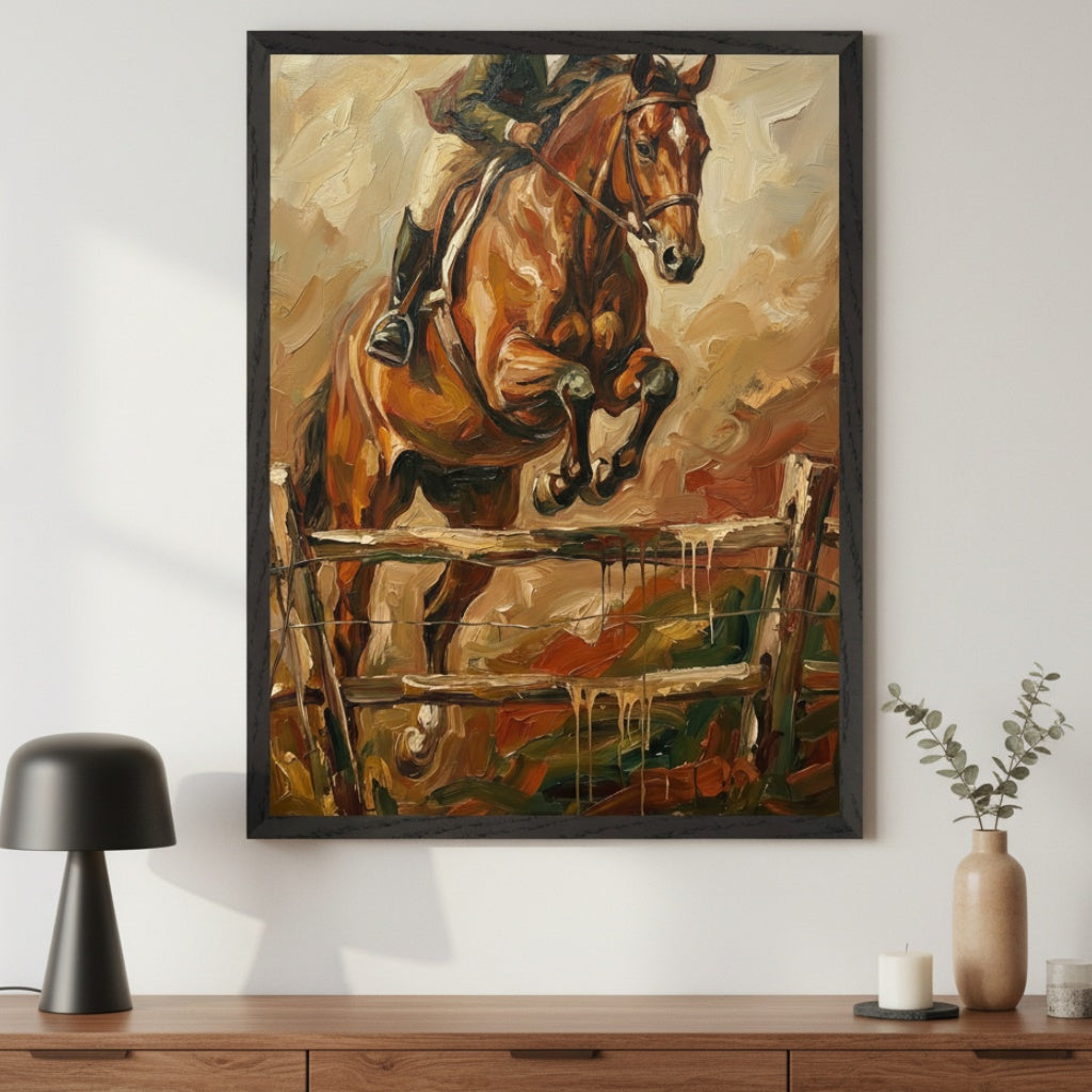 Modern room with a wooden dresser. A large framed impasto oil painting of a brown horse with a rider jumping over a wooden fence hangs centered above the dresser. A black lamp and vase are on the dresser.