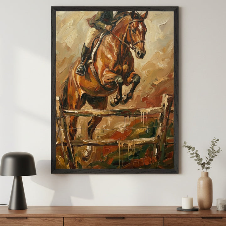 Modern room with a wooden dresser. A large framed impasto oil painting of a brown horse with a rider jumping over a wooden fence hangs centered above the dresser. A black lamp and vase are on the dresser.