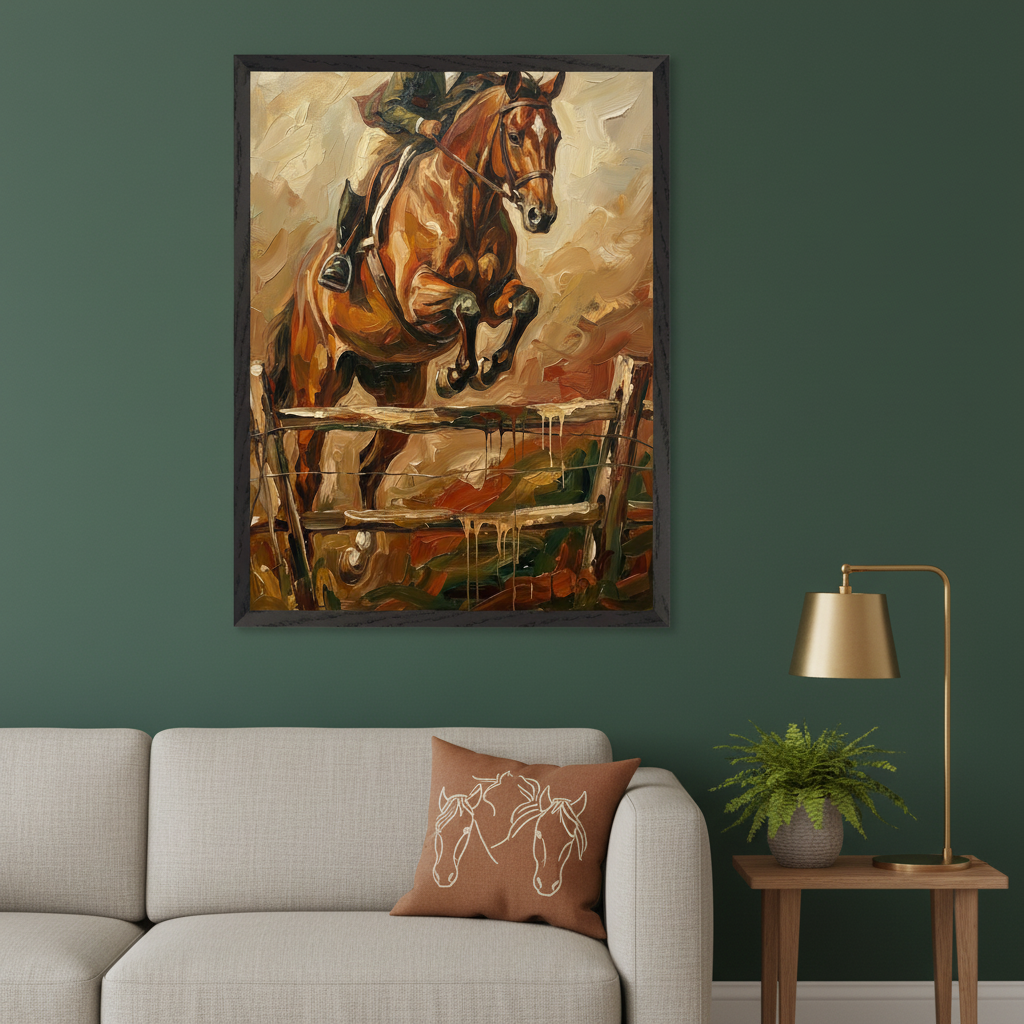 Living room with a light beige sofa and an end table with a lamp. A large framed impasto oil painting of a horse and rider jumping a fence hangs on a dark green wall above the sofa.