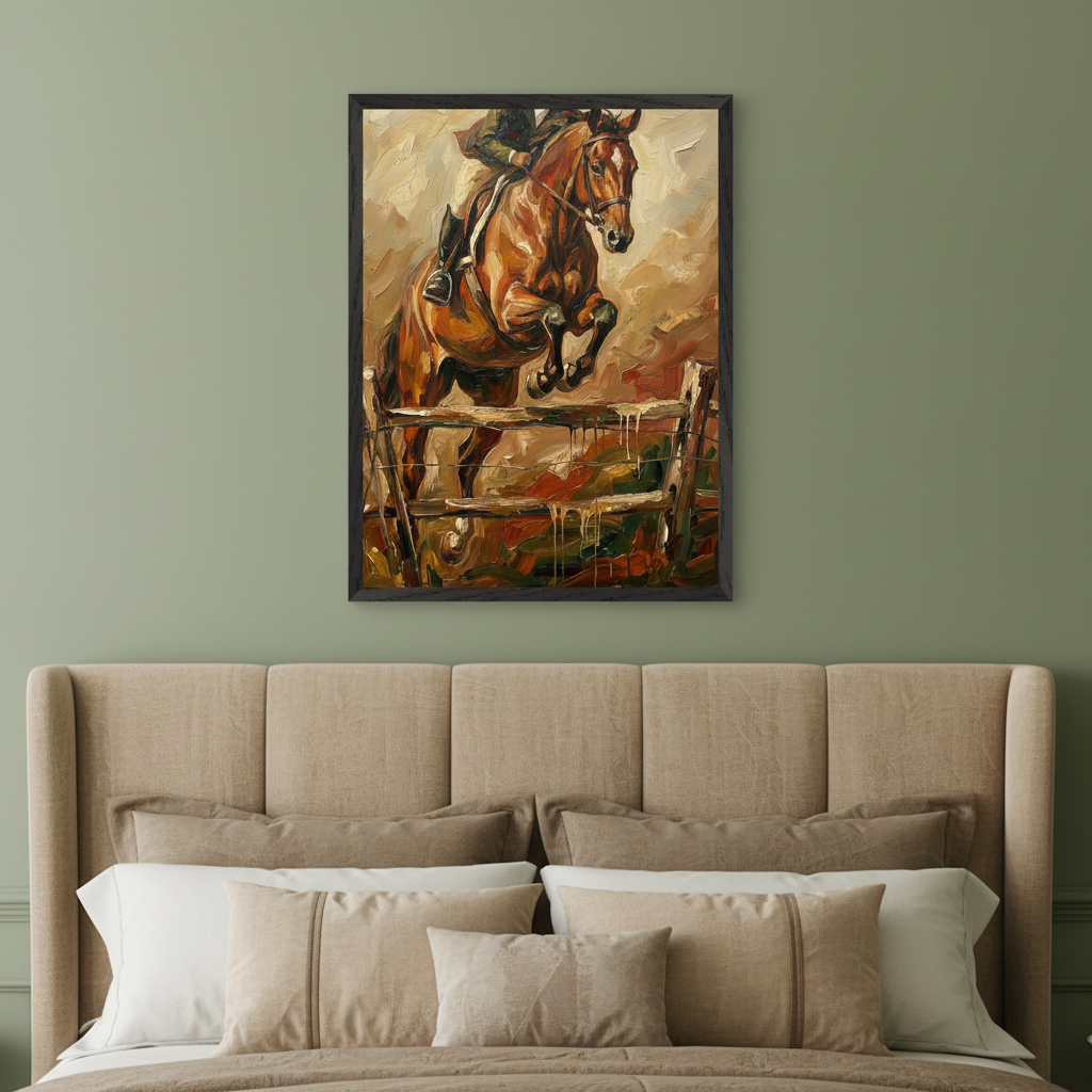 Bedroom with a beige upholstered headboard and bed. A framed oil painting of a horse and rider jumping a fence, in an expressive style, hangs above the bed against a sage green wall.