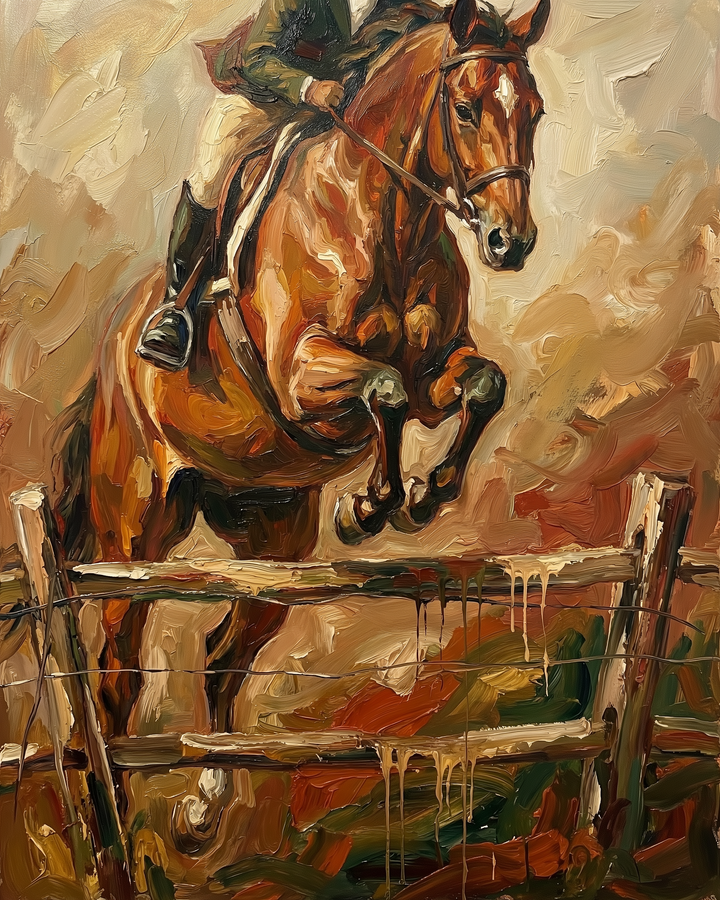 Textured painting of a rider on a brown horse mid-jump over a wooden fence, using warm, expressive brushstrokes.
