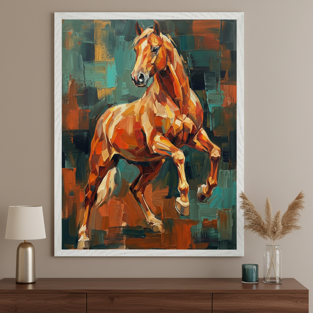 Modern living room with a dark wood console table. A large white-framed, textured oil painting of a stylized, rearing russet horse against a teal and dark green abstract background hangs above the table.