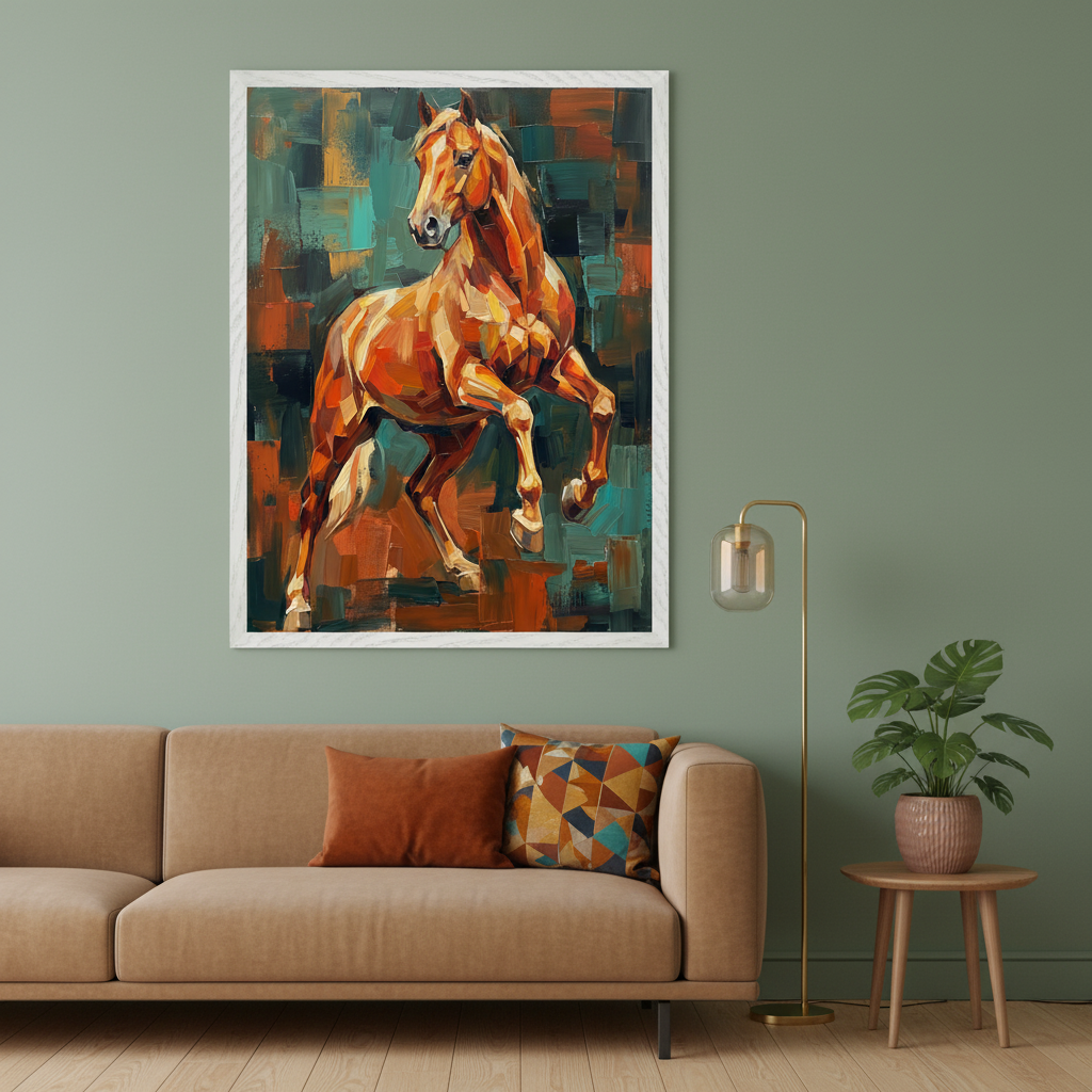 Modern living room with a light brown sofa and a small wooden side table. A large framed abstract impasto painting of a rearing reddish-brown horse is centered above the left side of the sofa on a green wall.