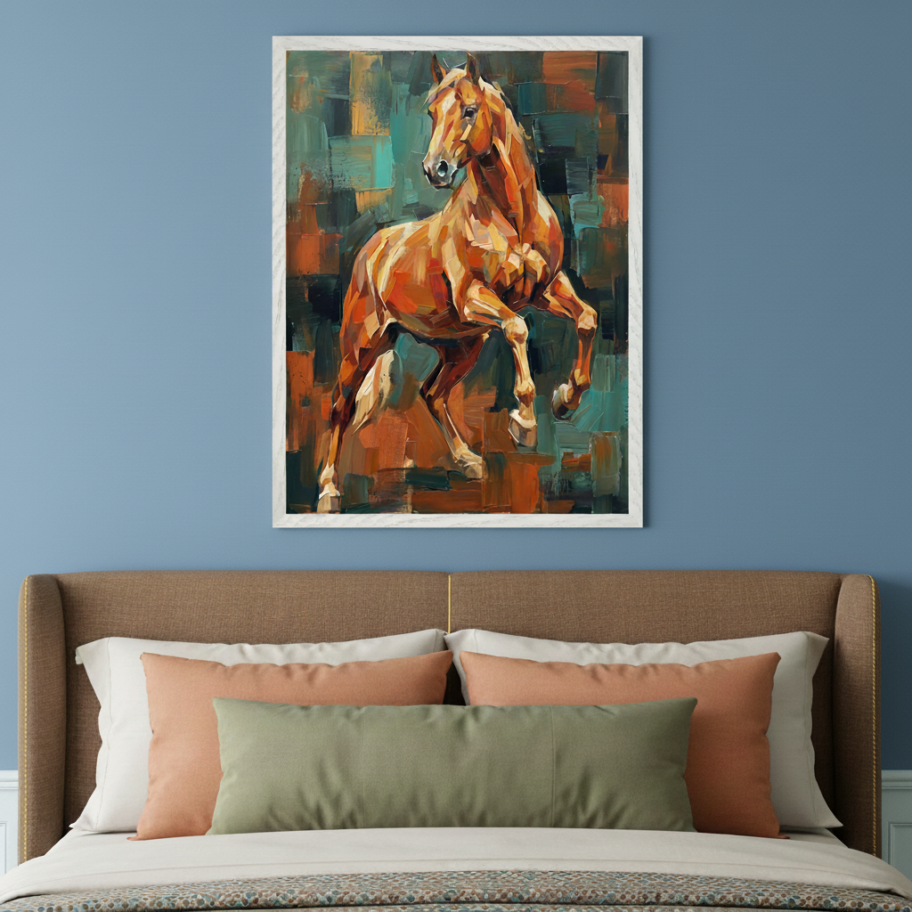 Modern bedroom with a brown upholstered headboard. A framed impasto painting of a rearing reddish-brown horse with an abstract green and brown background hangs centered above the bed.