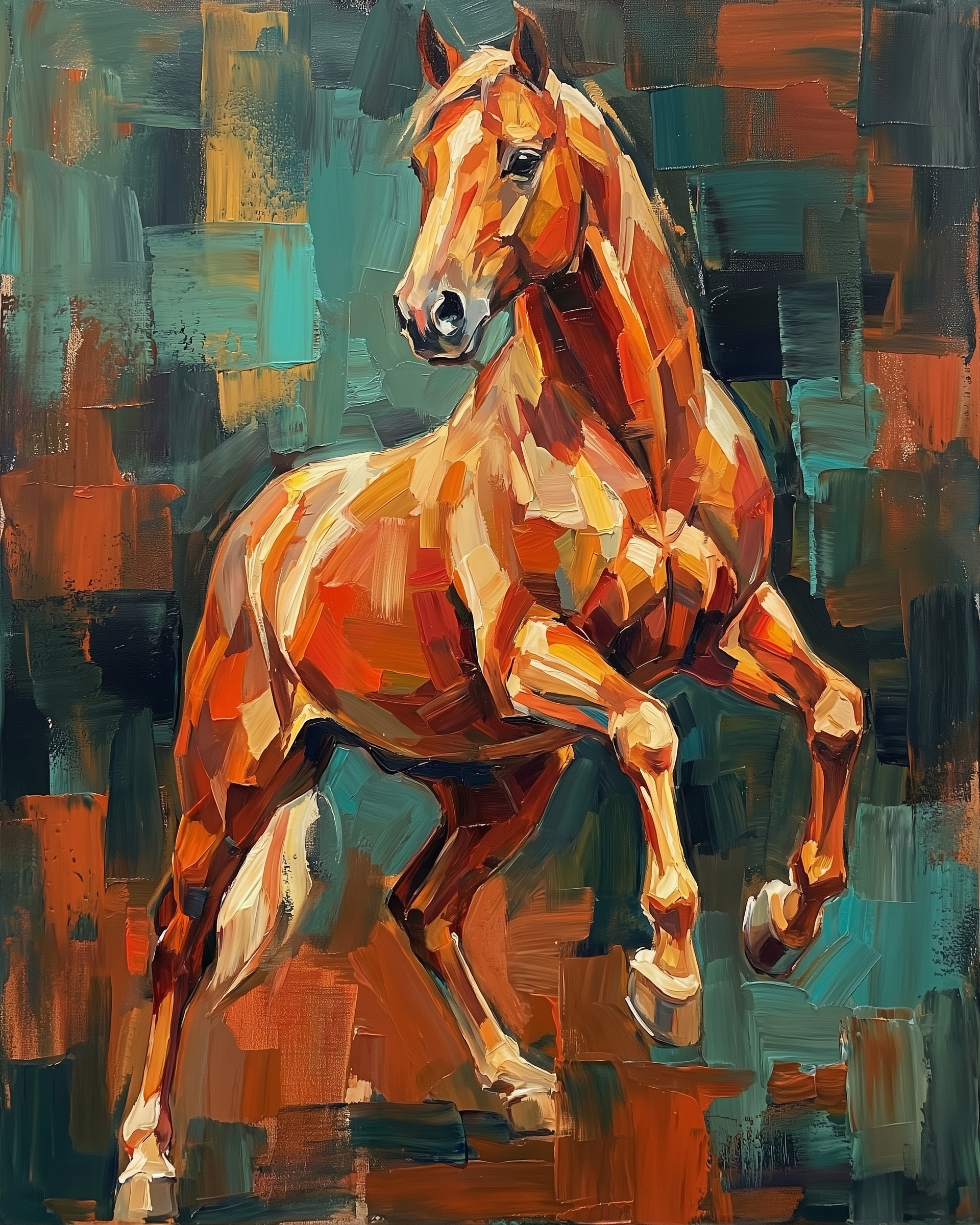 Colorful, impressionistic painting of a rearing chestnut horse against a bold abstract background in teal and orange tones.
