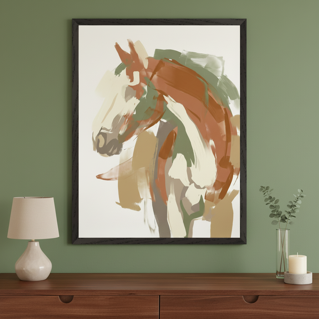Modern living space with a dark wood console table against a muted green wall. A large black-framed impressionistic painting of a horse's head, rendered with broad strokes in rust, sage, and cream, hangs centered above the table. A lamp, vase with foliage, and candle adorn the surface.